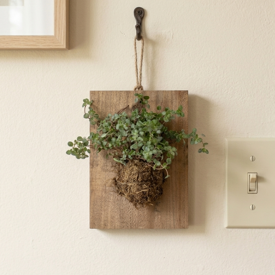 Mounted Baby Tears Pilea on Wood Plank