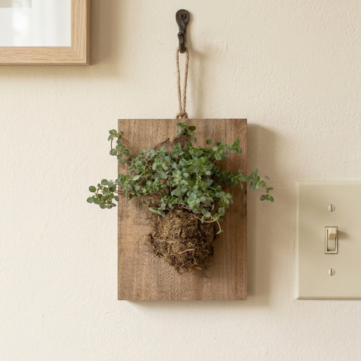 Mounted Baby Tears Pilea on Wood Plank